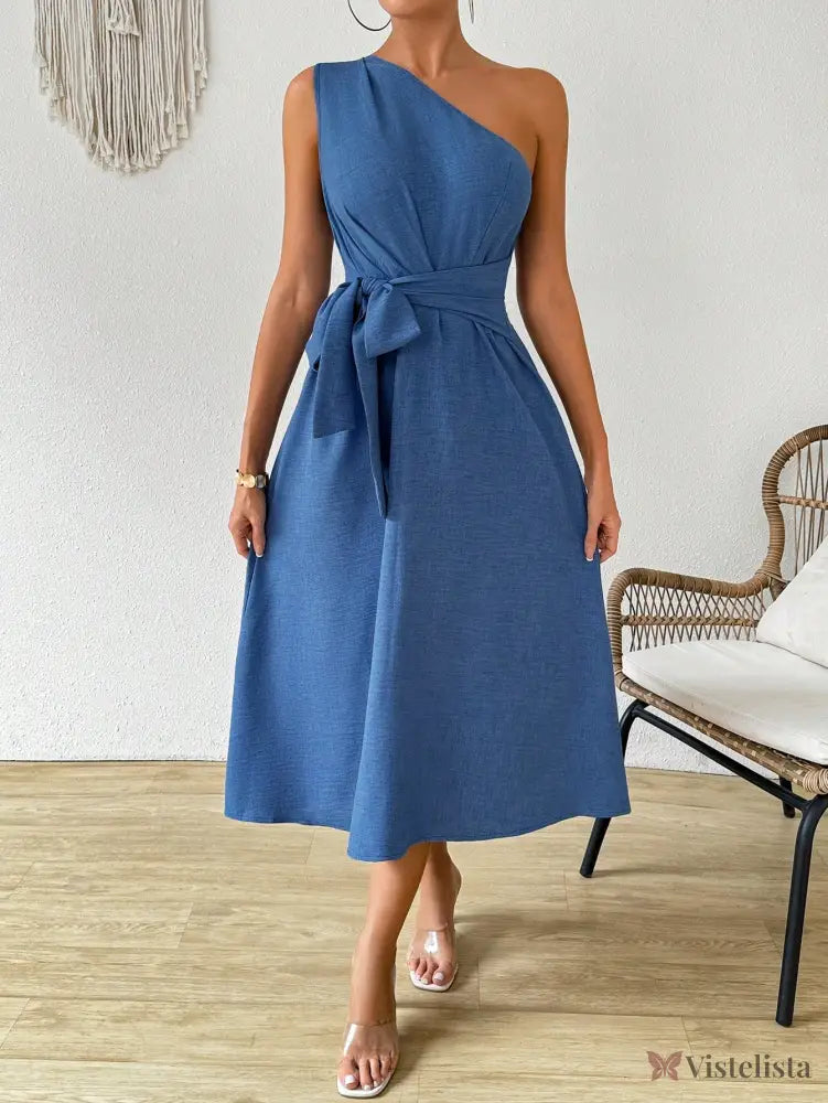 Vestido Midi Um Ombro Só Com Amarração Na Cintura