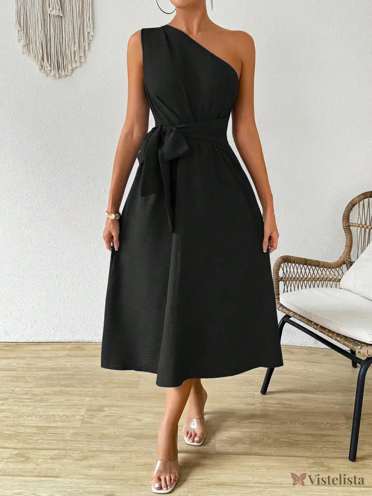 Vestido Midi Um Ombro Só Com Amarração Na Cintura