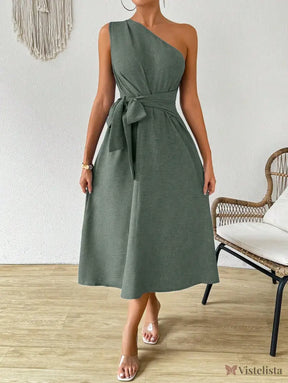 Vestido Midi Um Ombro Só Com Amarração Na Cintura