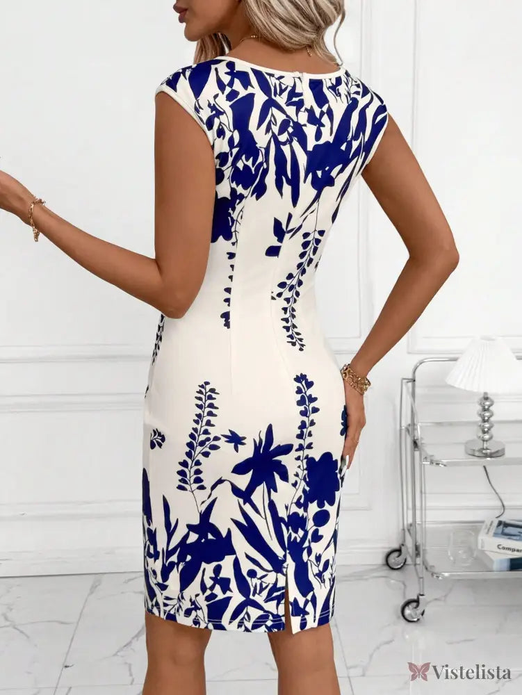 Vestido Tubinho Midi Justo Estampado Floral Com Decote Reto