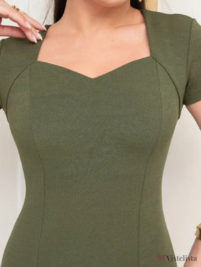 Vestido Tubinho Midi Social Cintura Marcada Decote Coração