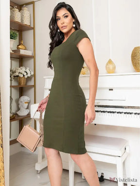 Vestido Tubinho Midi Social Decote Reto Elegante