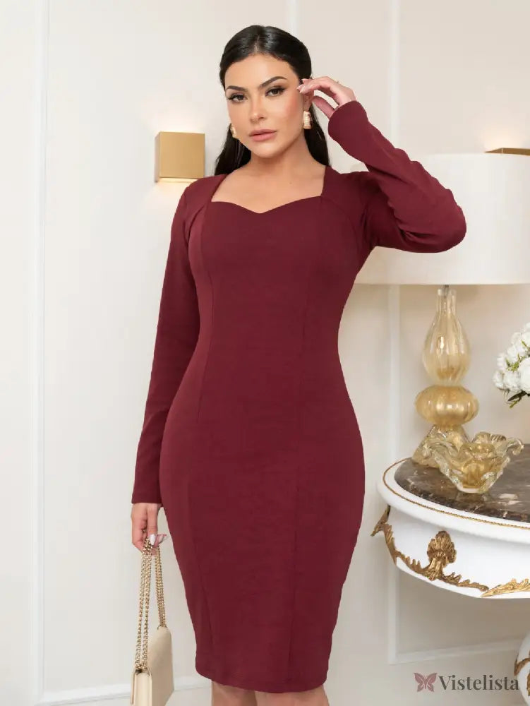 Vestido Tubinho Midi Social Manga Longa Decote Coração