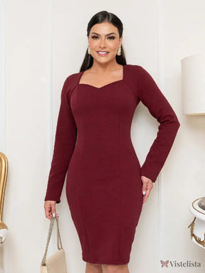Vestido Tubinho Midi Social Manga Longa Decote Coração